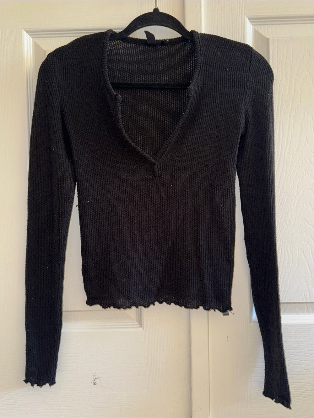 UO Black Ribbed Henley V-Neck Lightweight Sweater